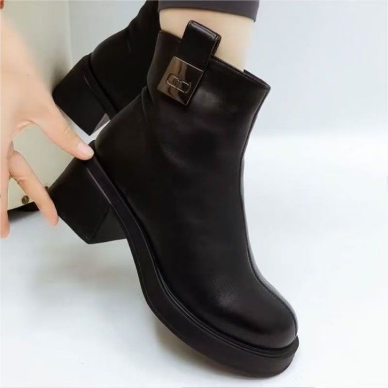 【2024 Nou】Pantofi din bumbac gros din piele naturală cu toc gros