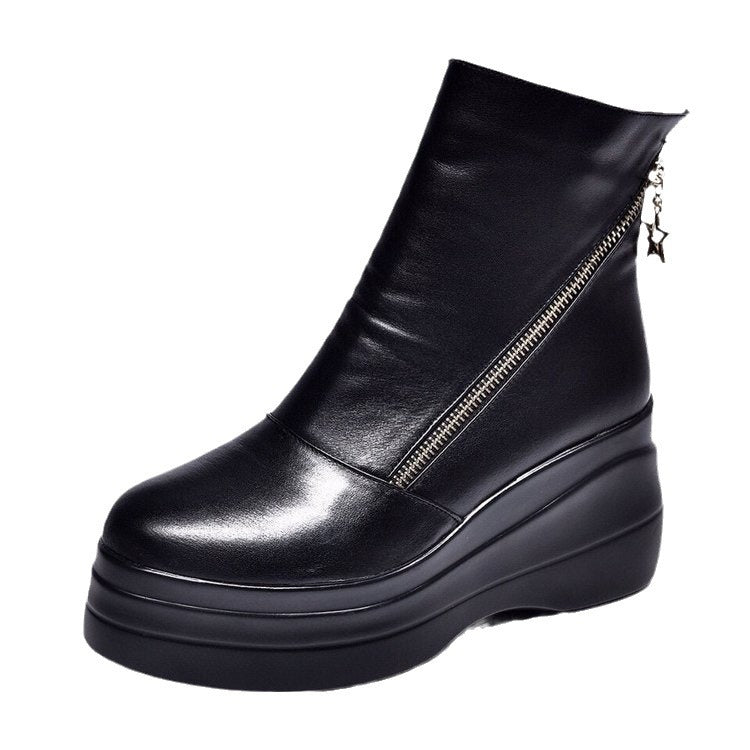 【2024 Nou】Cizme scurte din piele cu vârf rotund, cu platformă cu fermoar diagonal, cu talpă groasă